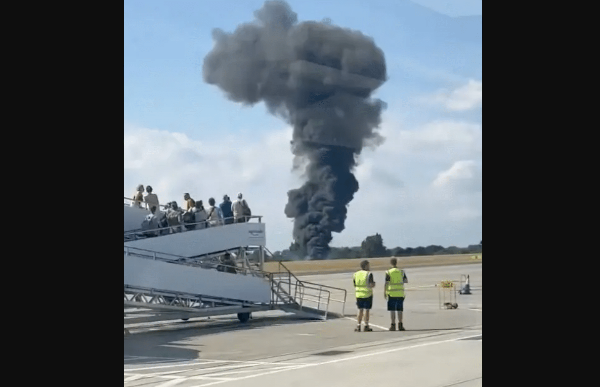 Aircraft Bursts into Flames on Airport Runway