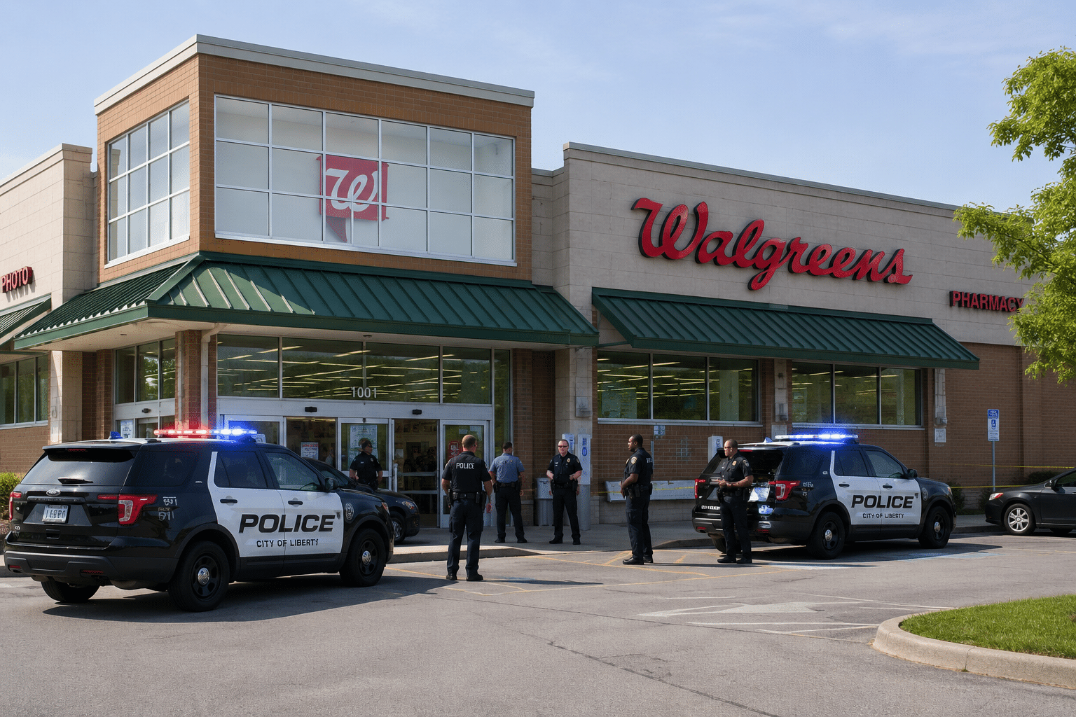 Walgreens with police cars via AI Image